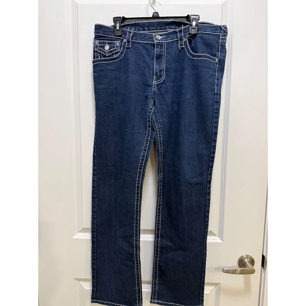 True Religion Straight Leg Jeans Dark Wash White Contrast Stitch Size 31 Mens